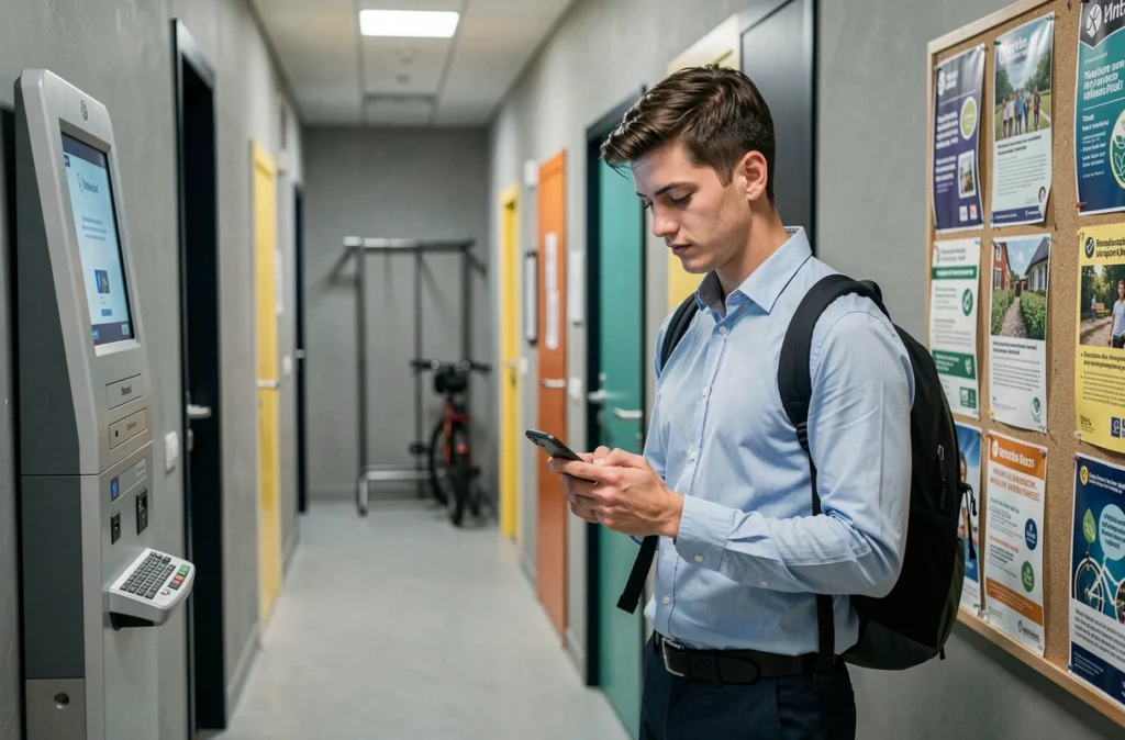 Étudiant consultant son téléphone dans le couloir moderne d'une résidence universitaire équipée de technologies connectées