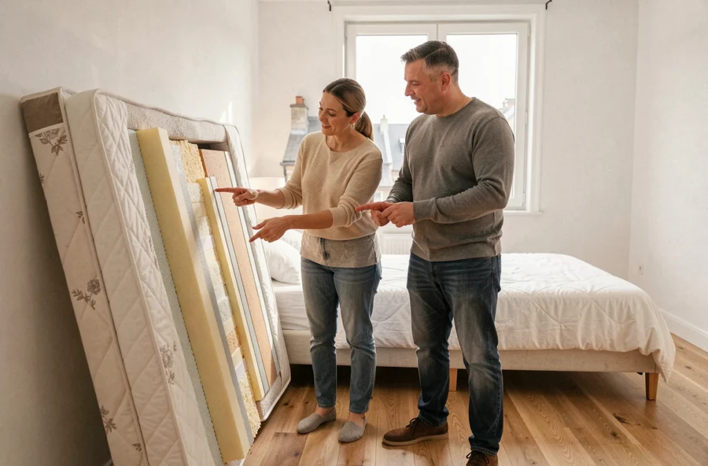 Couple examinant la coupe transversale d'un matelas de qualité pour comparer ses couches et choisir le bon modèle