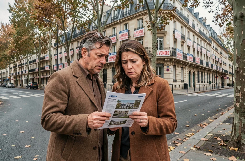 Couple examinant une annonce immobilière devant des immeubles parisiens ornés de multiples panneaux À Vendre en automne