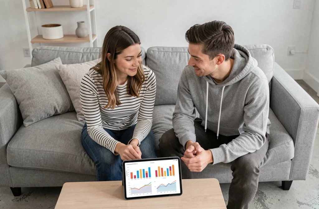 Couple gérant leur budget commun sur une tablette avec une application financière dans leur salon