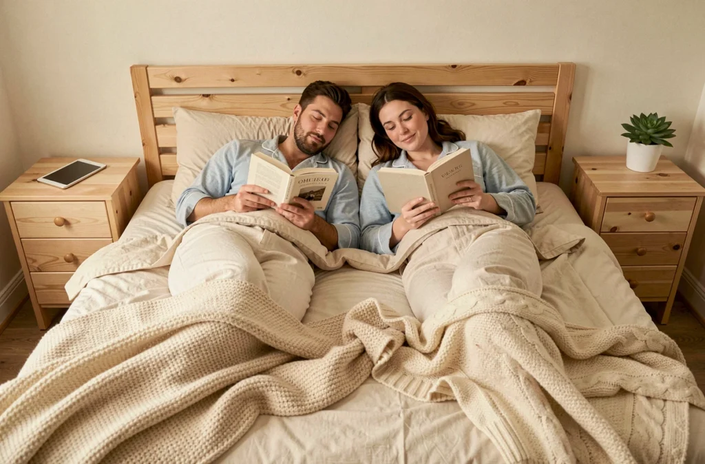Couple lisant des livres papier au lit sans écrans dans une chambre de style scandinave pour favoriser l'endormissement