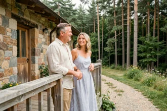 Couple profitant de la terrasse en bois d'une maison secondaire en pierre entourée de forêt à la campagne