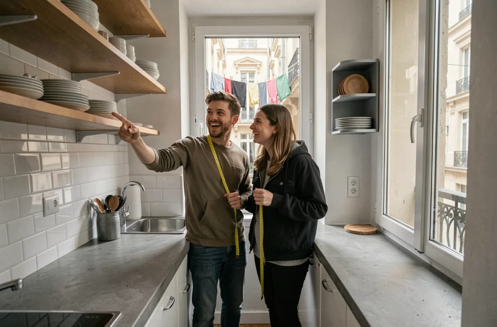 Jeune couple de primo-accédants mesurant et optimisant l'espace d'une petite cuisine dans leur nouvel appartement urbain