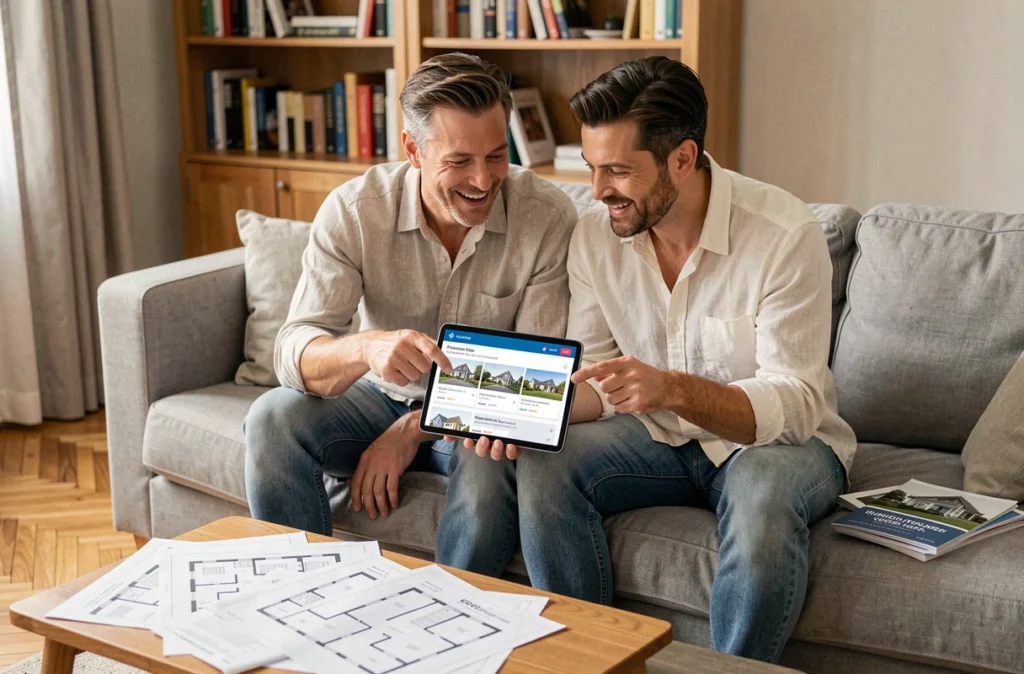 Couple cherchant un bien immobilier ensemble sur une tablette dans leur salon