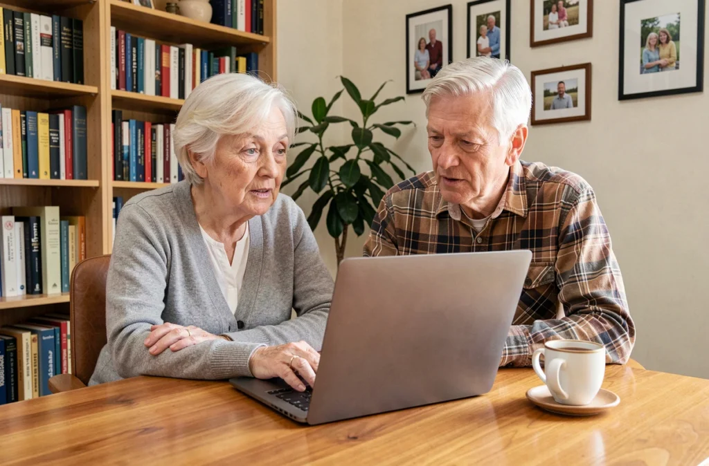 Couple de seniors européens participant à un appel vidéo avec un conseiller bancaire en ligne depuis leur bureau à domicile, représentant l'accessibilité des services financiers numériques pour tous