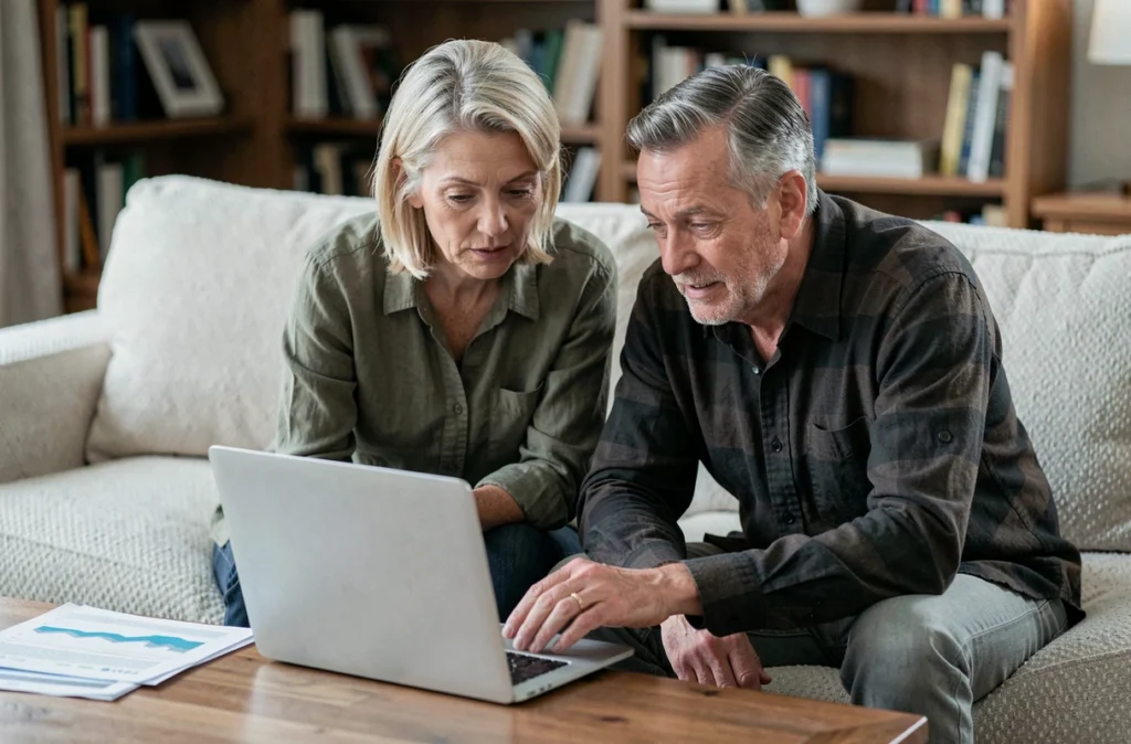 Couple de seniors planifiant leur retraite ensemble avec un outil d'épargne numérique sur laptop