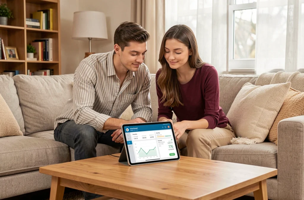 Couple utilisant une tablette pour gérer leur budget familial dans leur salon