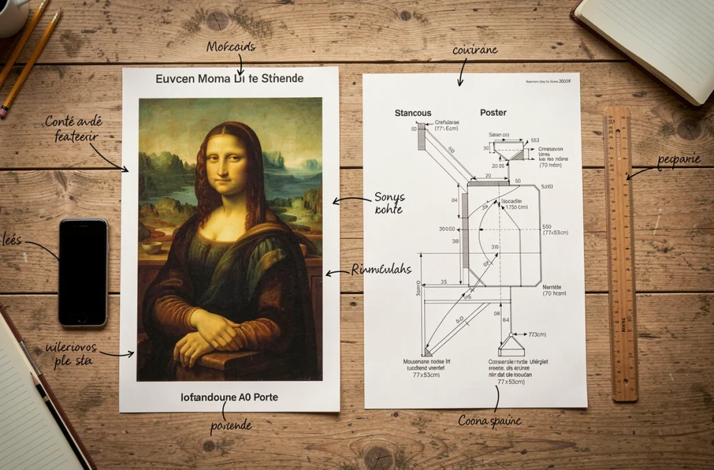 Composition à plat comparant les dimensions de la Joconde avec des objets courants comme un smartphone et un livre pour illustrer la taille réelle du tableau