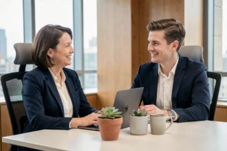 Dirigeante en réunion bienveillante avec un collaborateur dans un bureau moderne favorisant le bien-être au travail