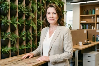 Dirigeante de PME devant un mur végétal dans un bureau éco-responsable avec des plantes et des matériaux recyclés