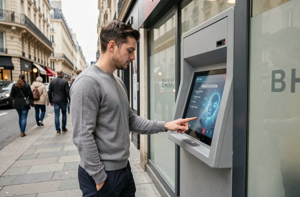Un client utilise un distributeur automatique doté d'intelligence artificielle dans une rue parisienne