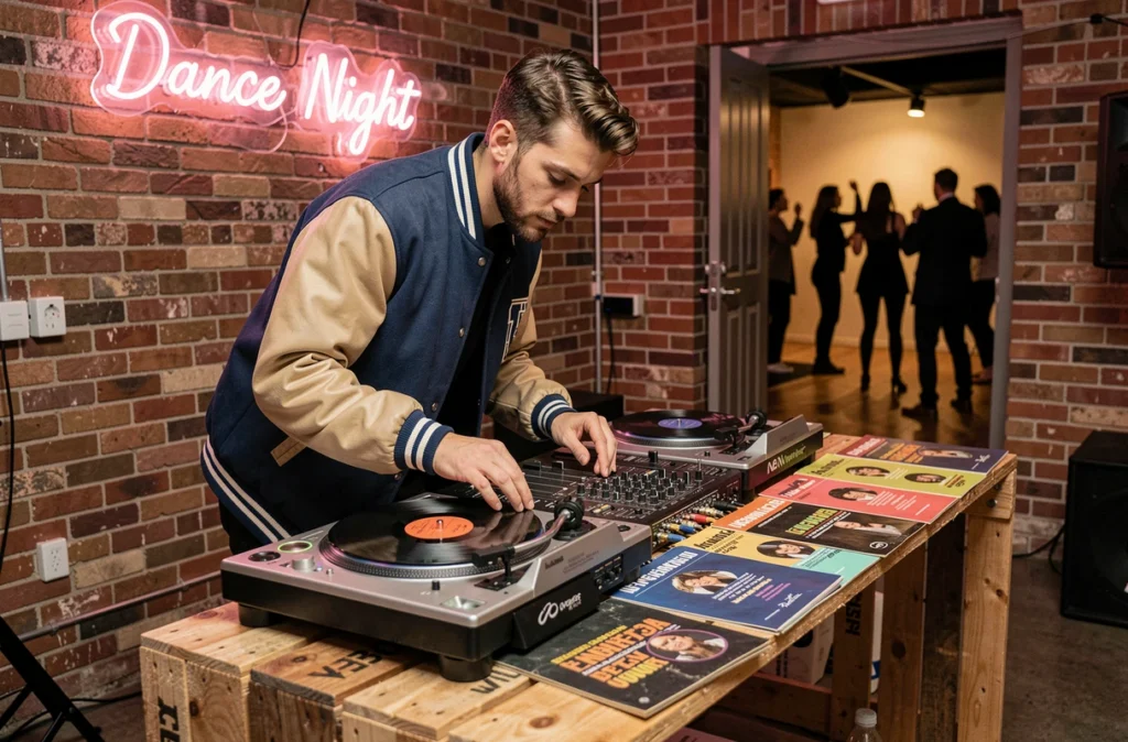 DJ sélectionnant un vinyle pour animer une soirée madison dans une salle de fête décorée avec mur en briques et enseigne néon