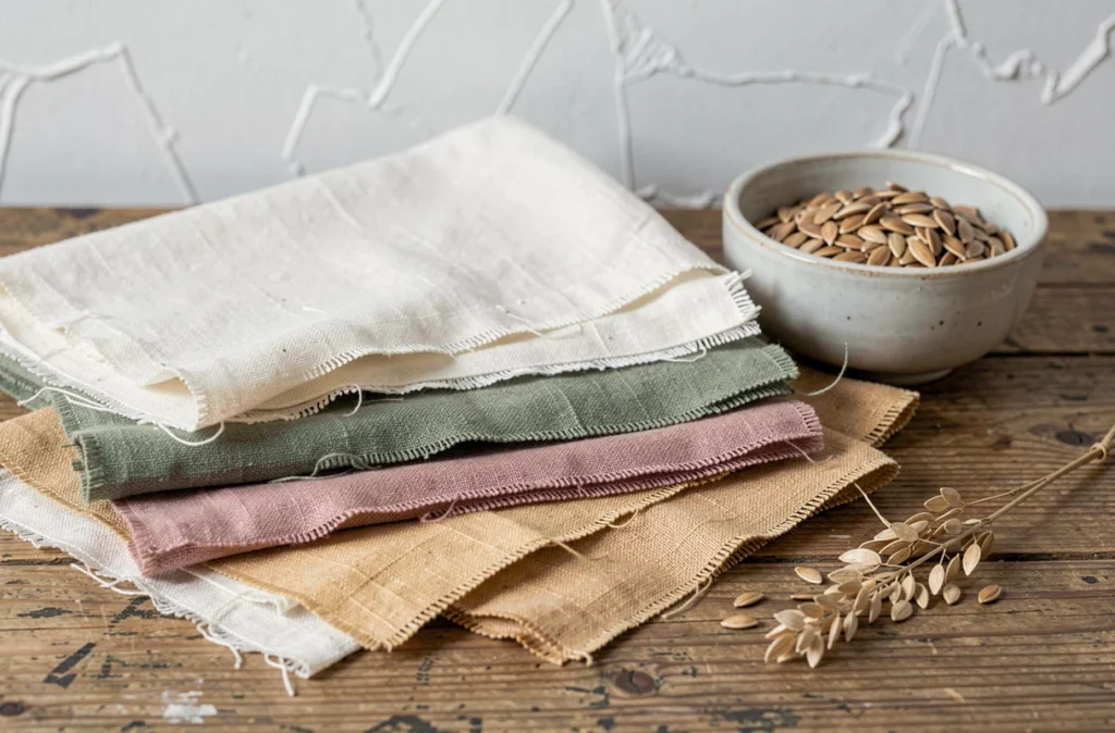 Échantillons de tissu lin naturel en nuances neutres sur bois brut