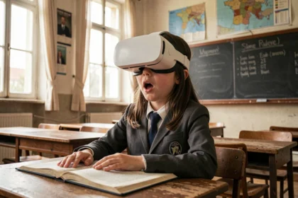 Lycéenne portant un casque de réalité virtuelle dans une salle de classe française traditionnelle, exprimant l'émerveillement