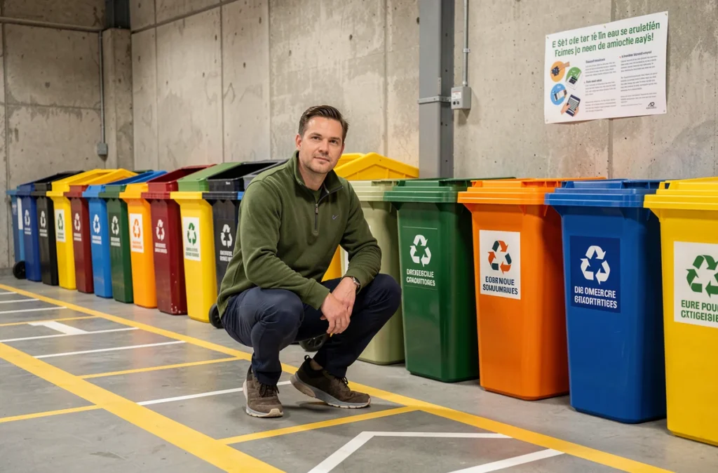Employé de PME organisant le tri sélectif et le compostage dans une zone de gestion des déchets d'entreprise