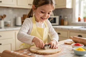 Jeune fille en tablier jaune découpant des biscuits dans de la pâte sur un plan de travail en bois dans une cuisine familiale