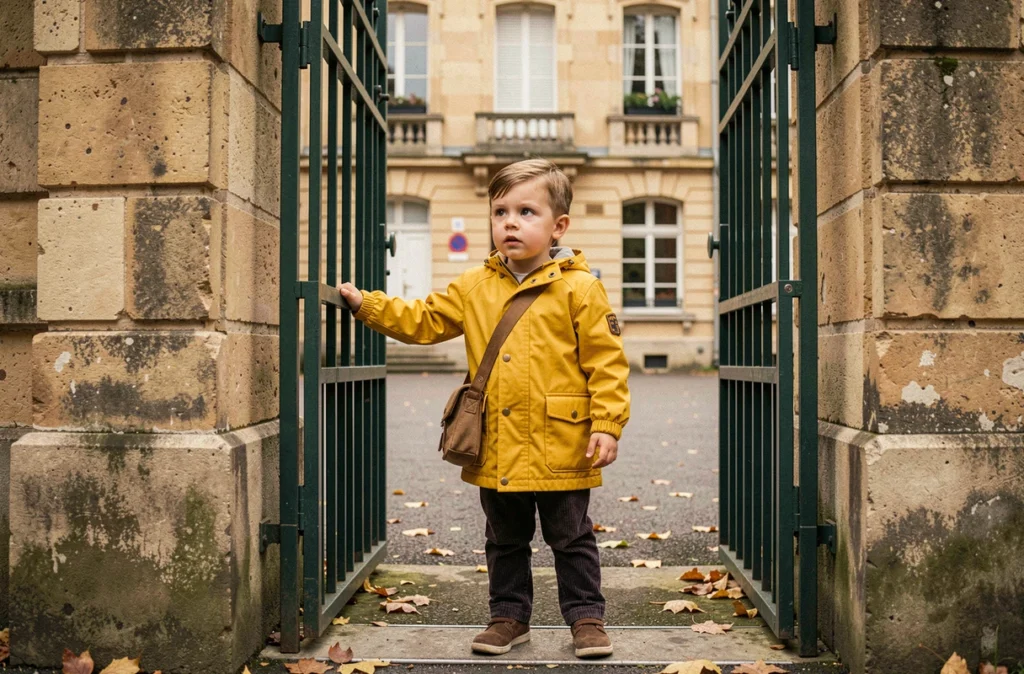 Enfant en bas âge devant le portail d'une école maternelle le jour de la rentrée