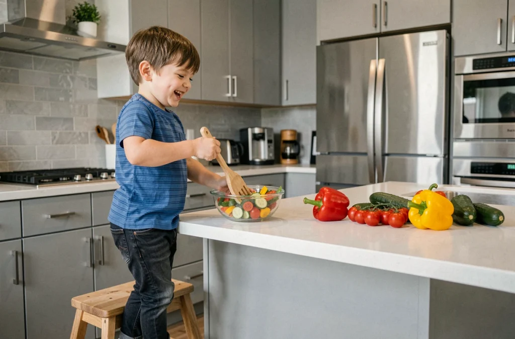Garçon joyeux debout sur un marchepied en bois préparant une salade de légumes colorés dans une cuisine moderne