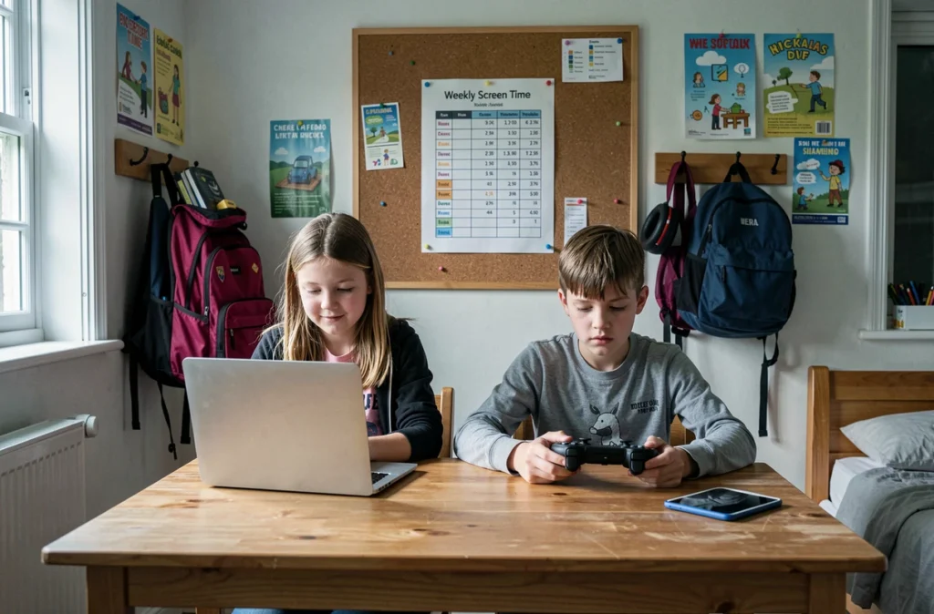 Deux enfants utilisent leurs appareils numériques à un bureau partagé avec un planning hebdomadaire du temps d'écran affiché au mur