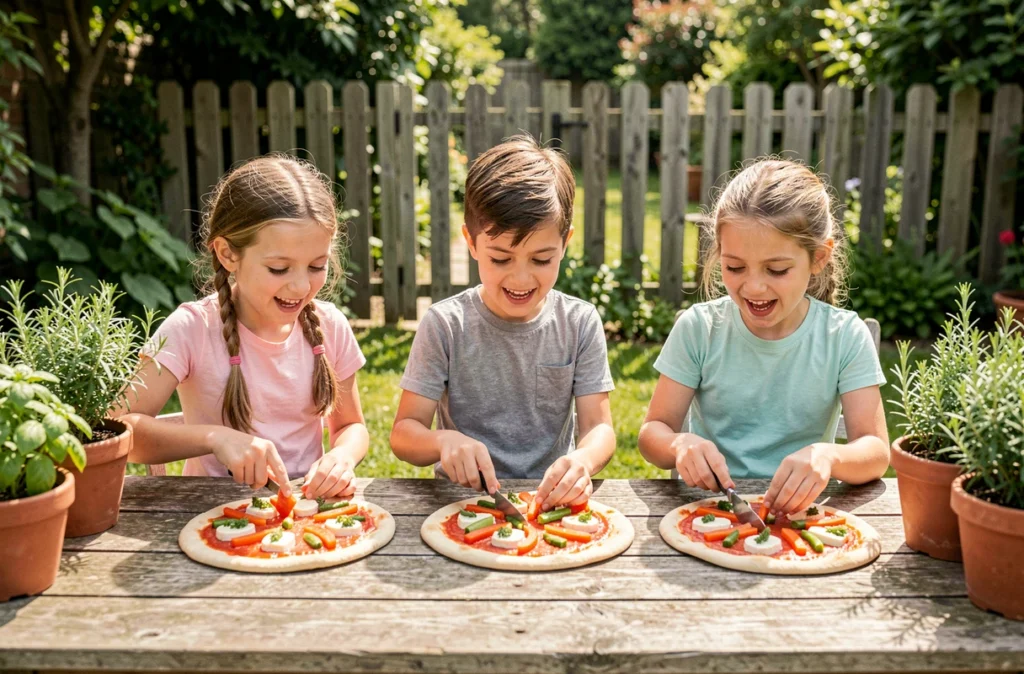 Trois enfants décorant des mini-pizzas maison avec des légumes colorés autour d'une table en bois dans un jardin