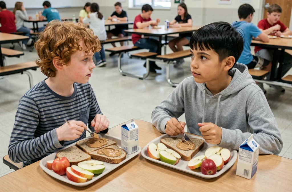 Deux garçons prenant un petit-déjeuner nutritif à la cafétéria scolaire avec pain complet, pommes et lait