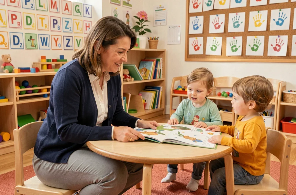 Enseignante accueillant des enfants en classe lors de la première semaine de maternelle