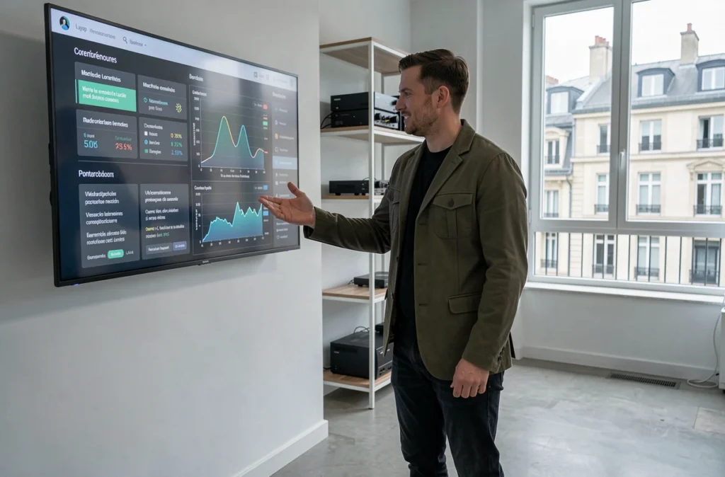 Entrepreneur français présentant une démonstration de solution d'intelligence artificielle sur un écran interactif dans les locaux modernes d'une start-up en province