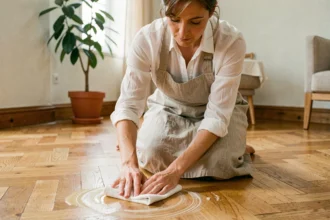 Femme appliquant une cire naturelle à la main sur un parquet en chêne dans un salon parisien