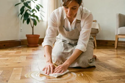 Femme appliquant une cire naturelle à la main sur un parquet en chêne dans un salon parisien