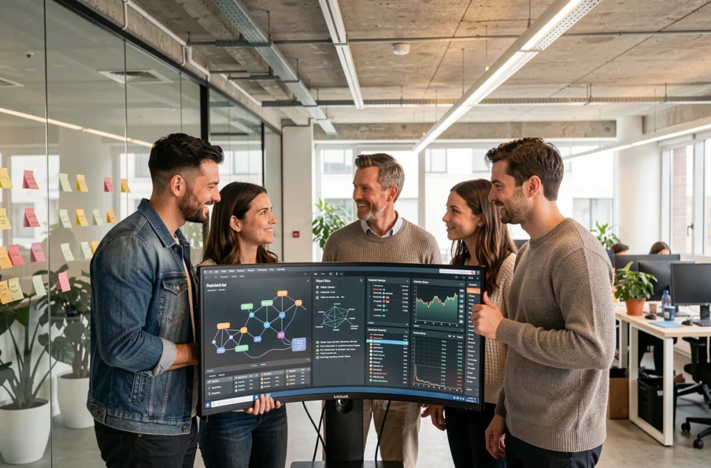Une équipe de professionnels de la fintech collabore autour de données d'intelligence artificielle dans un bureau moderne à La Défense
