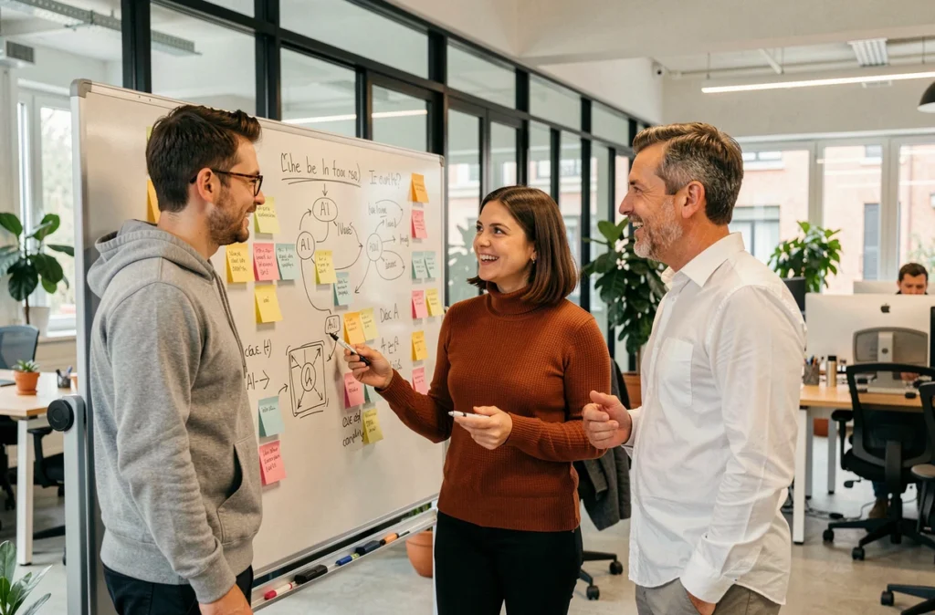 Équipe plurielle de fondateurs d'une start-up française en réunion de brainstorming autour d'un tableau de projet lié à l'intelligence artificielle dans un incubateur technologique