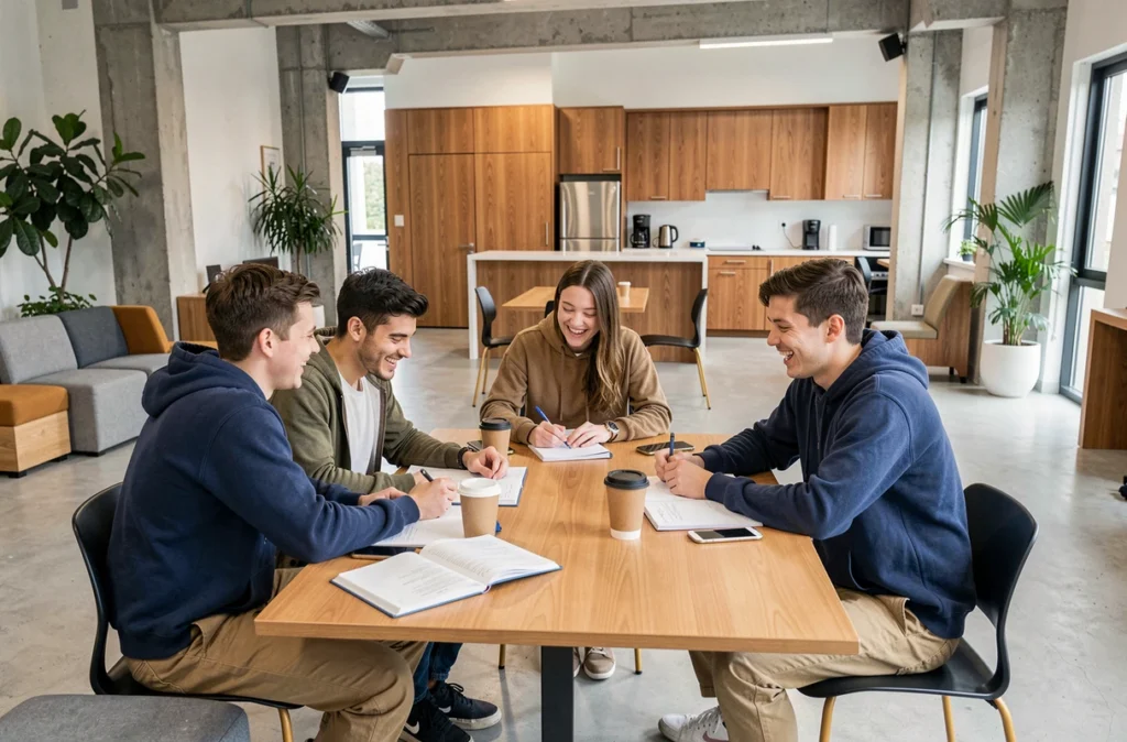 Groupe d'étudiants travaillant ensemble dans un espace commun moderne de résidence universitaire