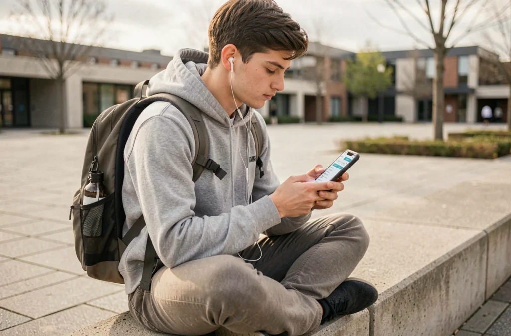 Jeune étudiant assis en plein air consultant sur smartphone les meilleures applications pour les horaires du bus 235