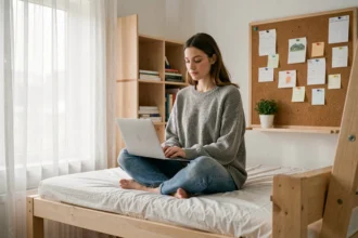 Étudiante travaillant sur son ordinateur portable dans une chambre de résidence étudiante moderne et bien aménagée