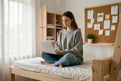 Étudiante travaillant sur son ordinateur portable dans une chambre de résidence étudiante moderne et bien aménagée