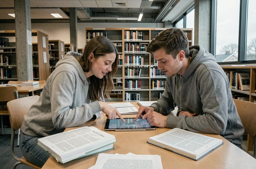 Deux étudiants collaborant sur une stratégie Pédantix avec des dictionnaires dans une bibliothèque universitaire