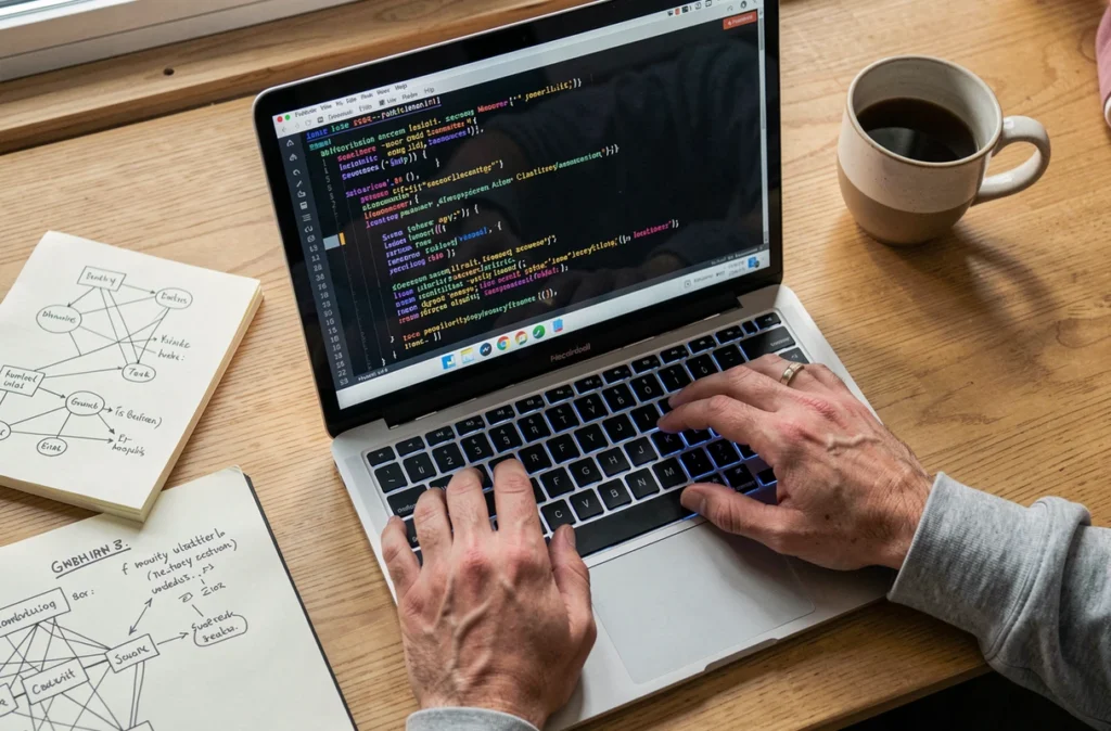 Mains d'un expert en cybersécurité tapant du code d'audit de sécurité sur un clavier dans un bureau à domicile