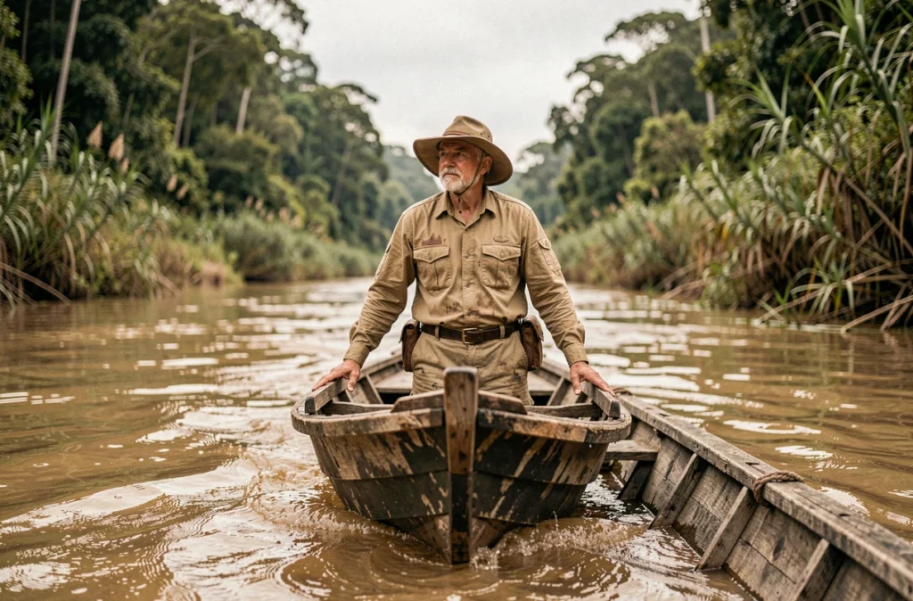 Explorateur à bord d'un bateau naviguant sur un immense fleuve tropical entouré de végétation luxuriante