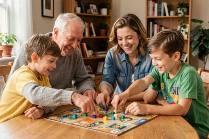 Famille multigénérationnelle jouant à un jeu de société coopératif autour d'une table en bois à la maison