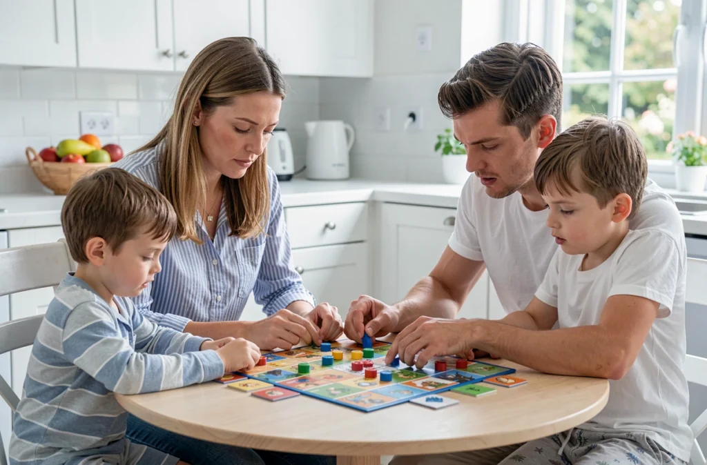 Jeune couple et leurs enfants concentrés sur un jeu de société coopératif autour de la table de cuisine un matin de weekend