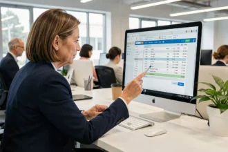 Femme d'affaires consultant une facture électronique sur son ordinateur dans un bureau moderne