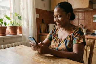 Femme africaine utilisant une application bancaire mobile sur smartphone dans son appartement, symbolisant l'inclusion financière grâce à la fintech