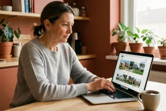 Femme consultant une agence immobilière en ligne sur son ordinateur portable dans sa cuisine moderne