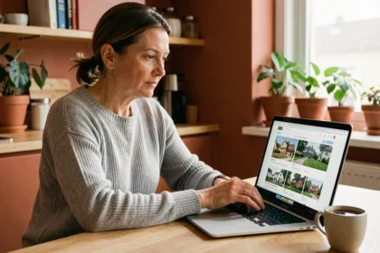 Femme consultant une agence immobilière en ligne sur son ordinateur portable dans sa cuisine moderne
