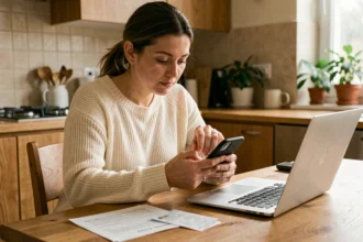 Femme consultant une application de gestion de budget sur son smartphone à la table de sa cuisine