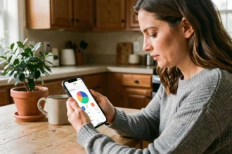 Femme utilisant une application mobile de gestion de budget sur son smartphone dans sa cuisine