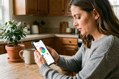 Femme utilisant une application mobile de gestion de budget sur son smartphone dans sa cuisine