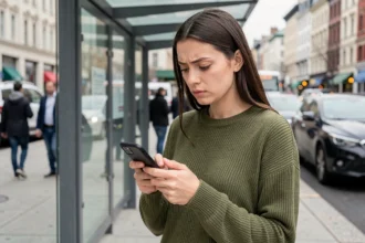 Jeune femme consultant les horaires de bus 235 sur une application mobile à un arrêt de bus en ville