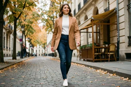 Femme en blazer oversize camel marchant dans une rue pavée en automne, look mi-saison tendance