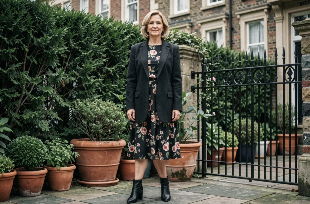 Femme en blazer oversize noir sur robe fleurie dans un jardin urbain, look mi-saison mixte féminin et structuré